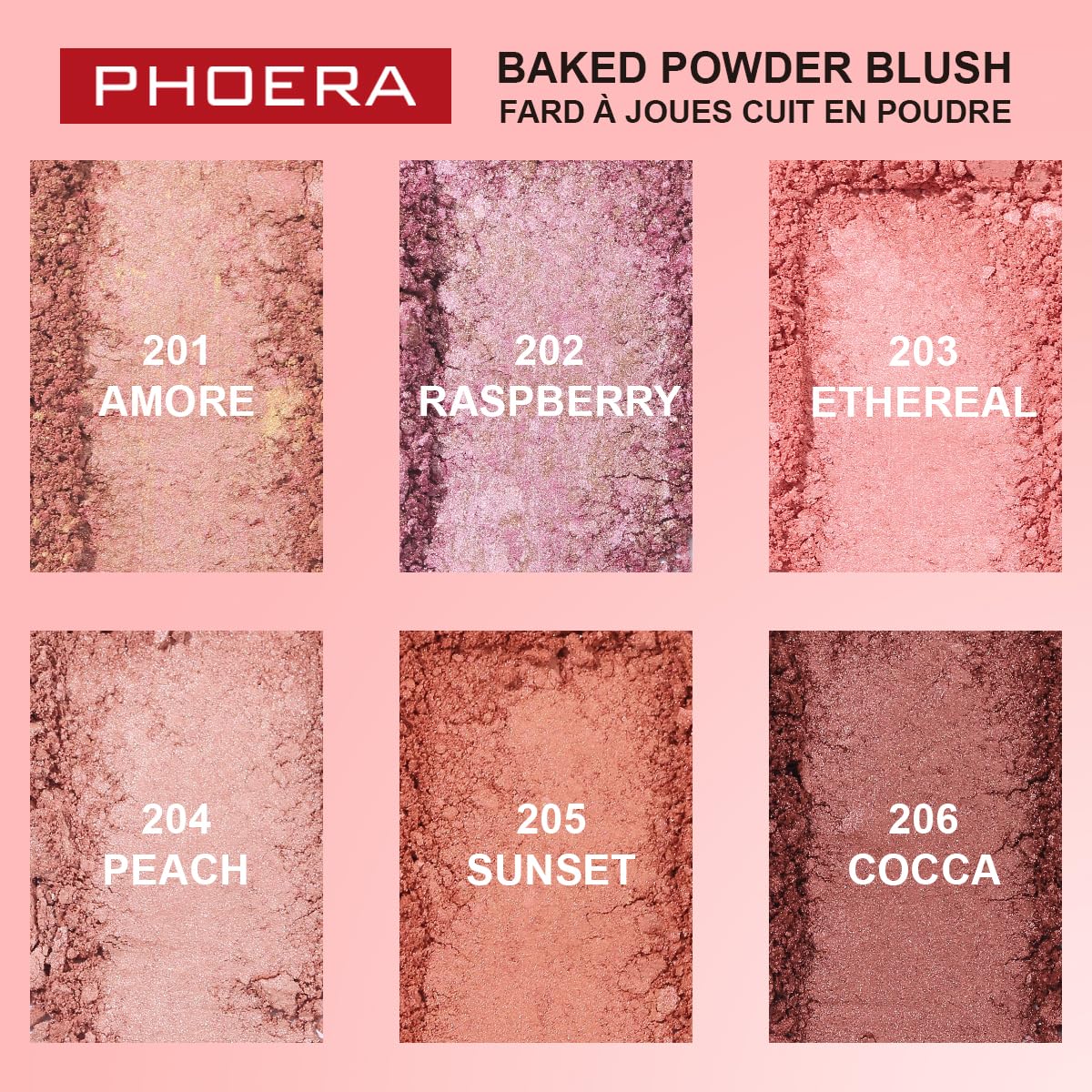 Phoera Baked Powder Blush – Richly Pigmented & Buildable, Multi-Tonal Mineral Blush for a Youthful Glow, Satin & Shimmery Shades, Available in 6 Shades (205 Sunset, One Size)