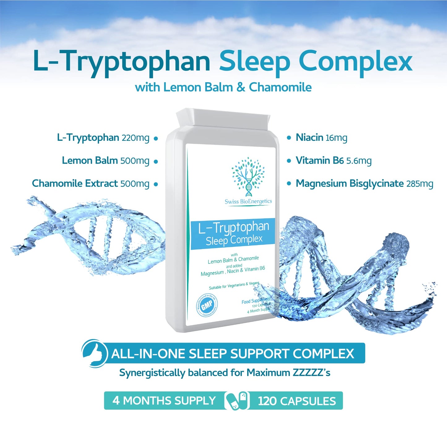 L-Tryptophan Sleep Complex with Lemon Balm & Chamomile and Added Magnesium, Niacin & Vitamin B6 - Natural Alternative to Melatonin - 120 Capsules/ 4 Month Supply – Made in The UK