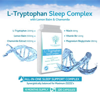 L-Tryptophan Sleep Complex with Lemon Balm & Chamomile and Added Magnesium, Niacin & Vitamin B6 - Natural Alternative to Melatonin - 120 Capsules/ 4 Month Supply – Made in The UK