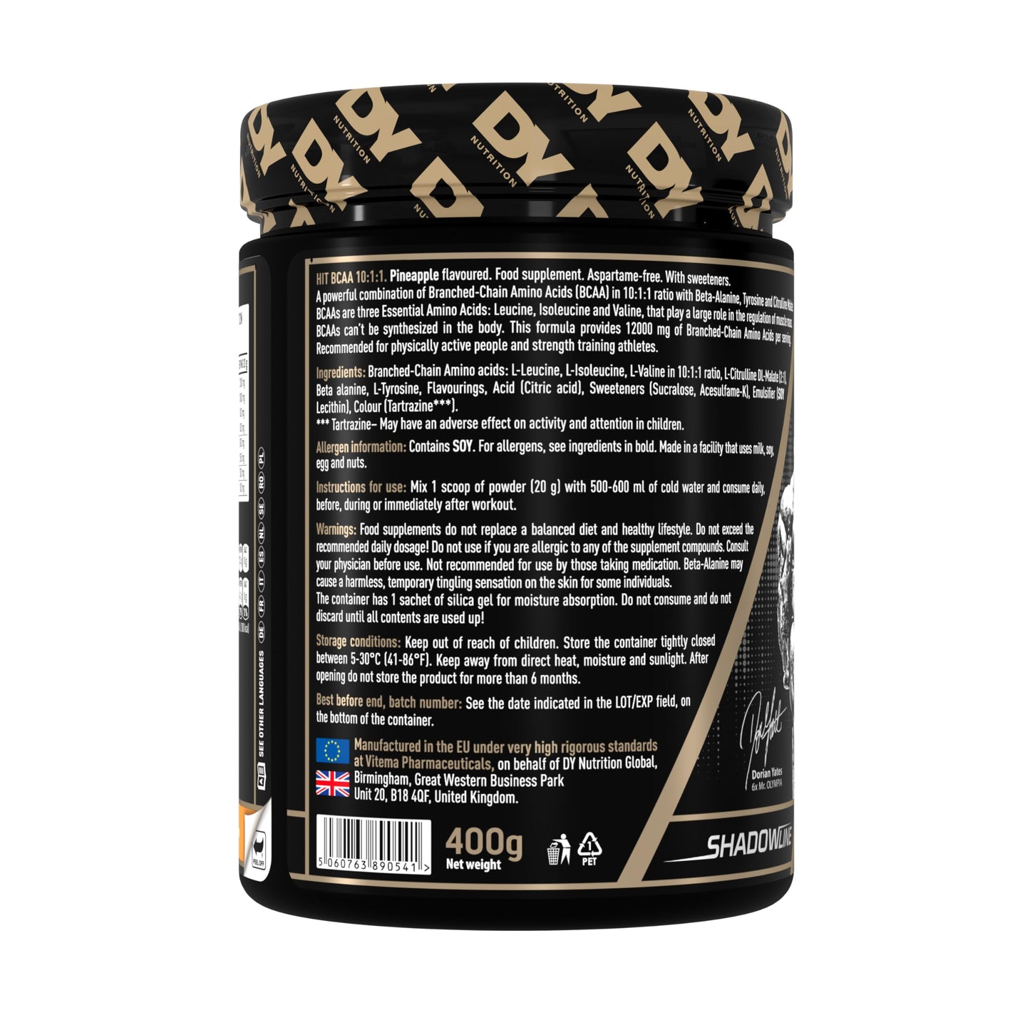 DY Nutrition HIT BCAA 10:1:1 (Pineapple) with L-Citrulline Malate, Beta Alanine + 12g of Branch Chain Amino Acids 400g Powder, 20 Servings - Optimal Pump & Performance | Non Stim Pre & Intra Workout