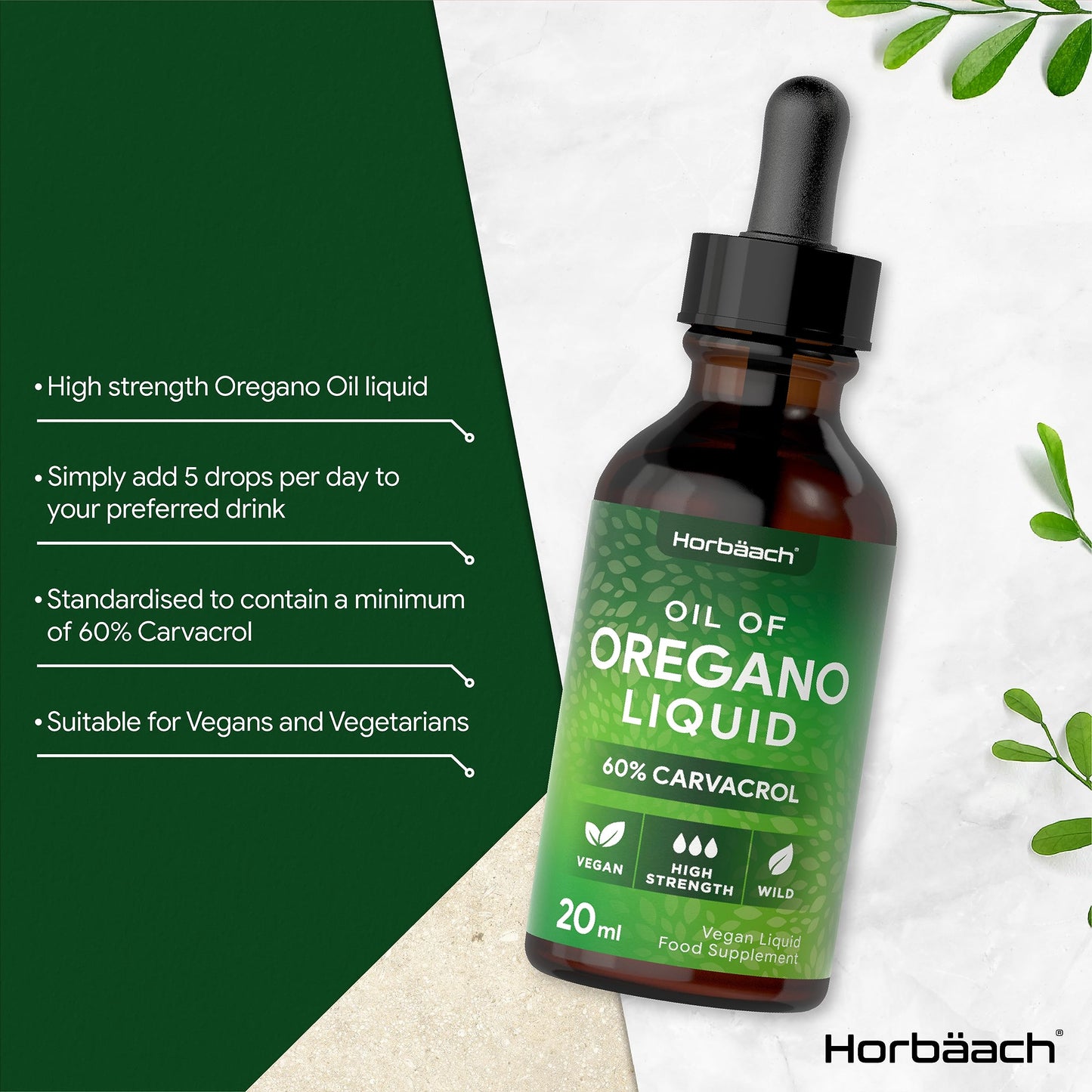 Horbäach Oregano Oil Drops | High Strength Oregano Liquid | 60% Carvacrol | 20ml Vegan Friendly Oil | Dietary Supplement | by Horbaach
