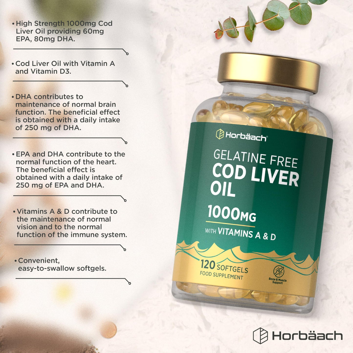 Horbäach Cod Liver Oil Gelatine Free 1000mg | 120 Capsules | High Strength Supplement with Vitamin A, D and Omega 3 DHA/EPA | Suitable for Pescatarians | by Horbaach