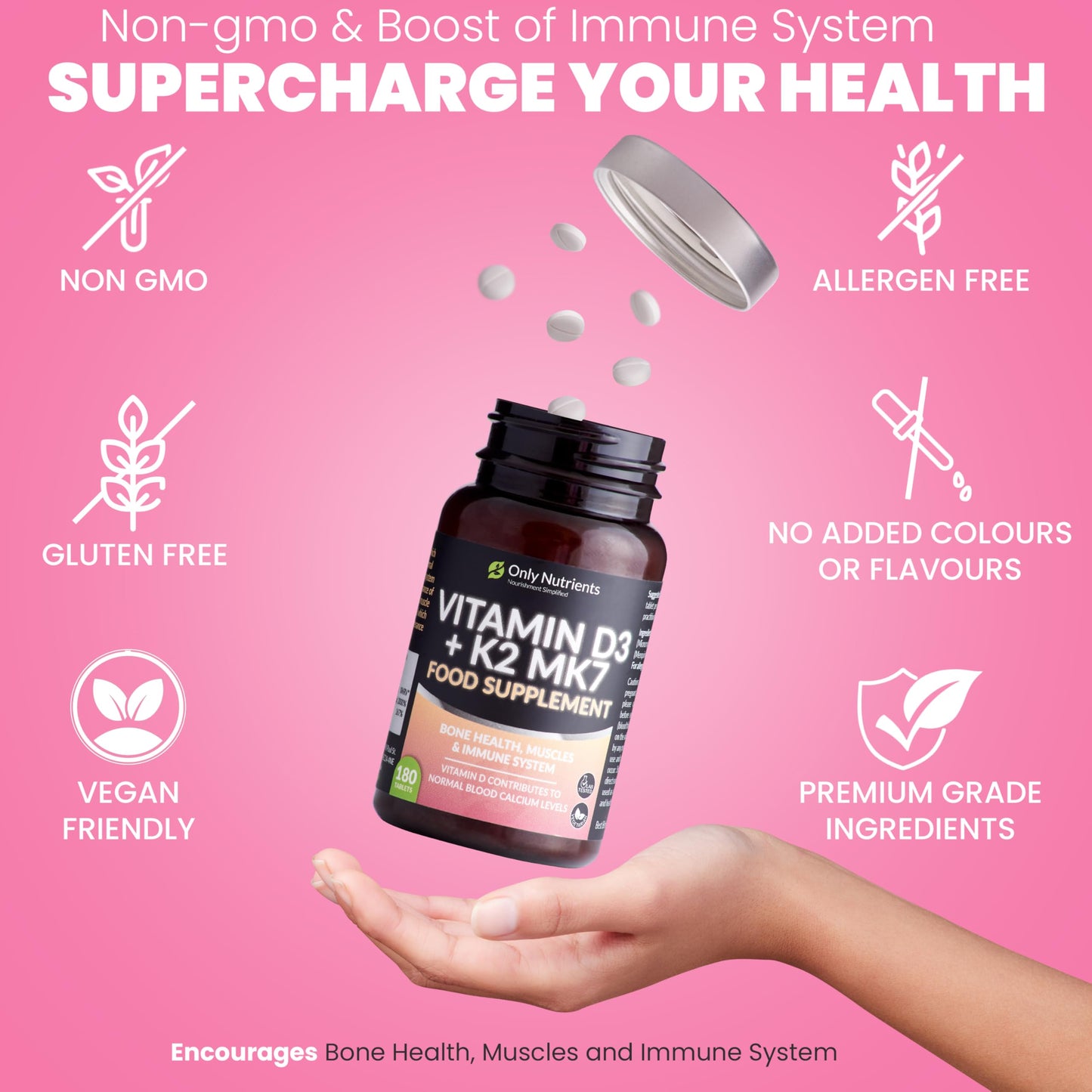 Only Nutrients | Vitamin D3 4000iu & Vitamin K2 125ug MK7 | 180 D3 K2 Enriched Vegetarian Tablets | Max Strength Supplement for Bone, Muscle & Immune System Support | UK Made Vitamin D Tablets