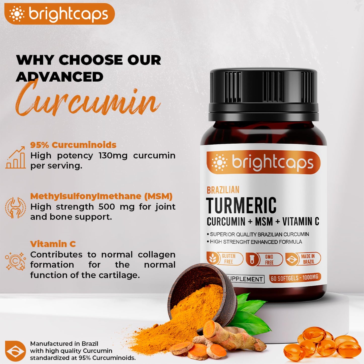 Brightcaps MSM (Methylsulfonylmethane) with Turmeric Full Spectrum Curcumin (95% Curcuminoids) & Vitamin C | Joint Care Support | 1000mg Sofgels