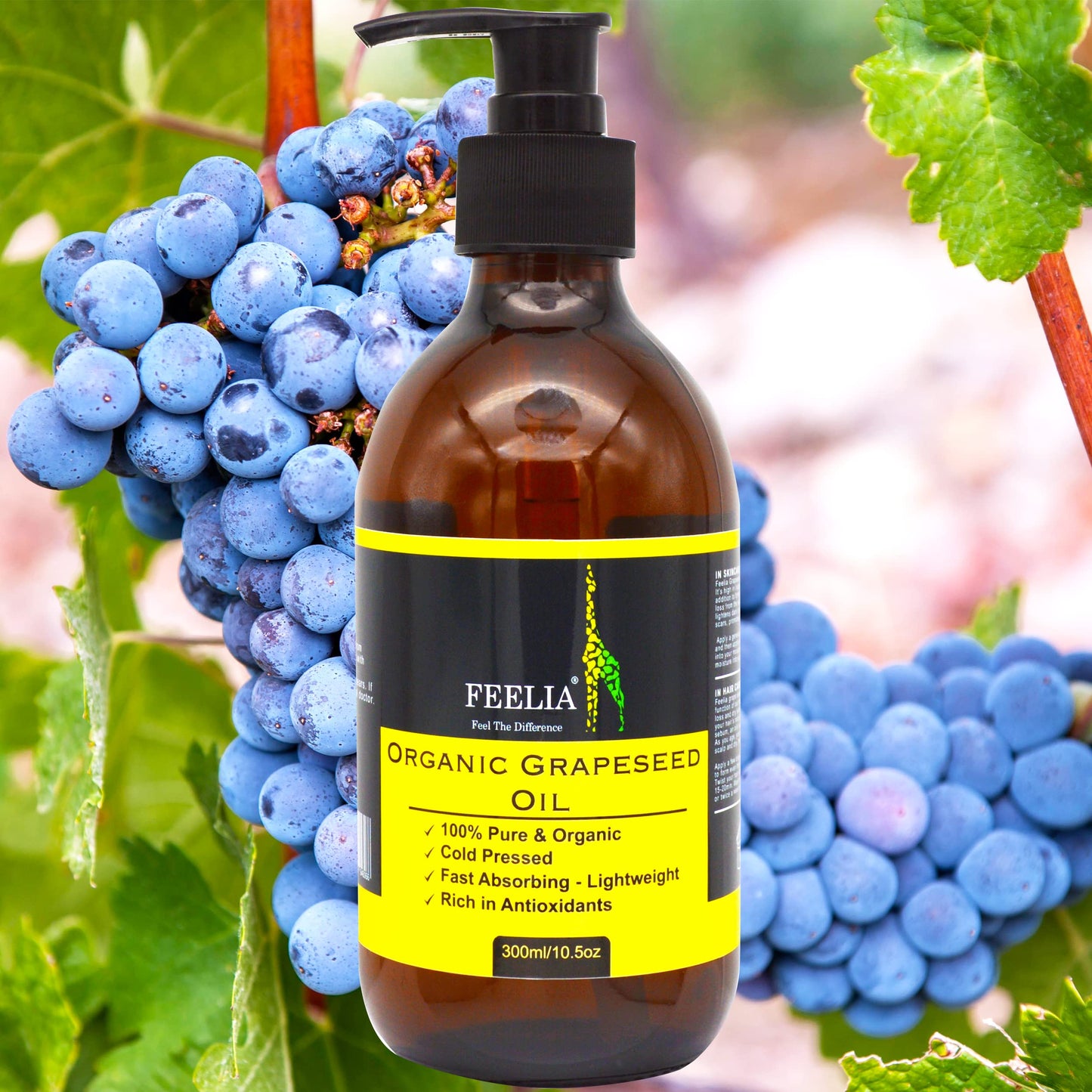 Feelia - Organic Grapeseed Oil - Cold Pressed, Rich in Antioxidants, Fast Absorbing - Lightweight, 100% Pure & Organic