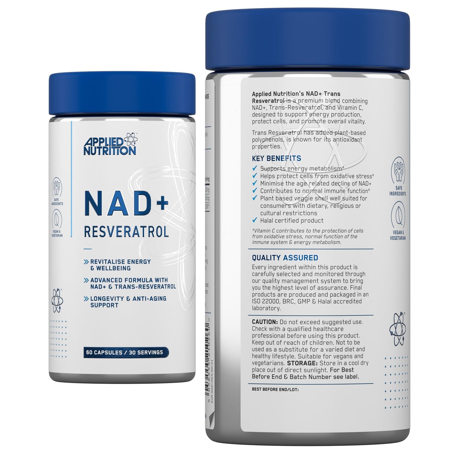 Applied Nutrition NAD+ Resveratrol 500mg per Serving with Vitamin C, Cellular Health, Energy and Healthy Aging Support, Antioxidant Supplement, 60 Capsules (30 Servings)