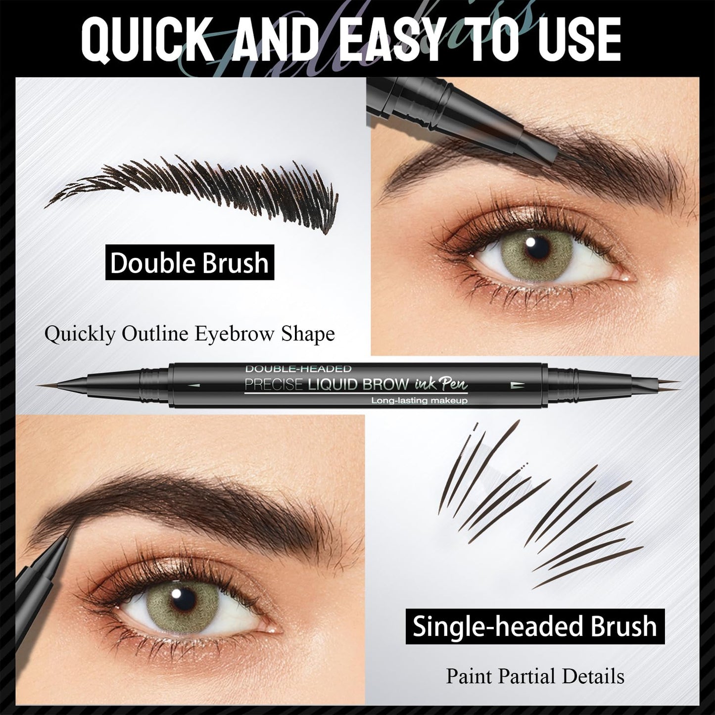 Eyebrow Pencil Black, Brow Pen with 2 Fork Tip and Precise Brush-Tip Creating Natural Hair-Like Brows, Waterproof Eyebrow Pen with Long-lasting Effect