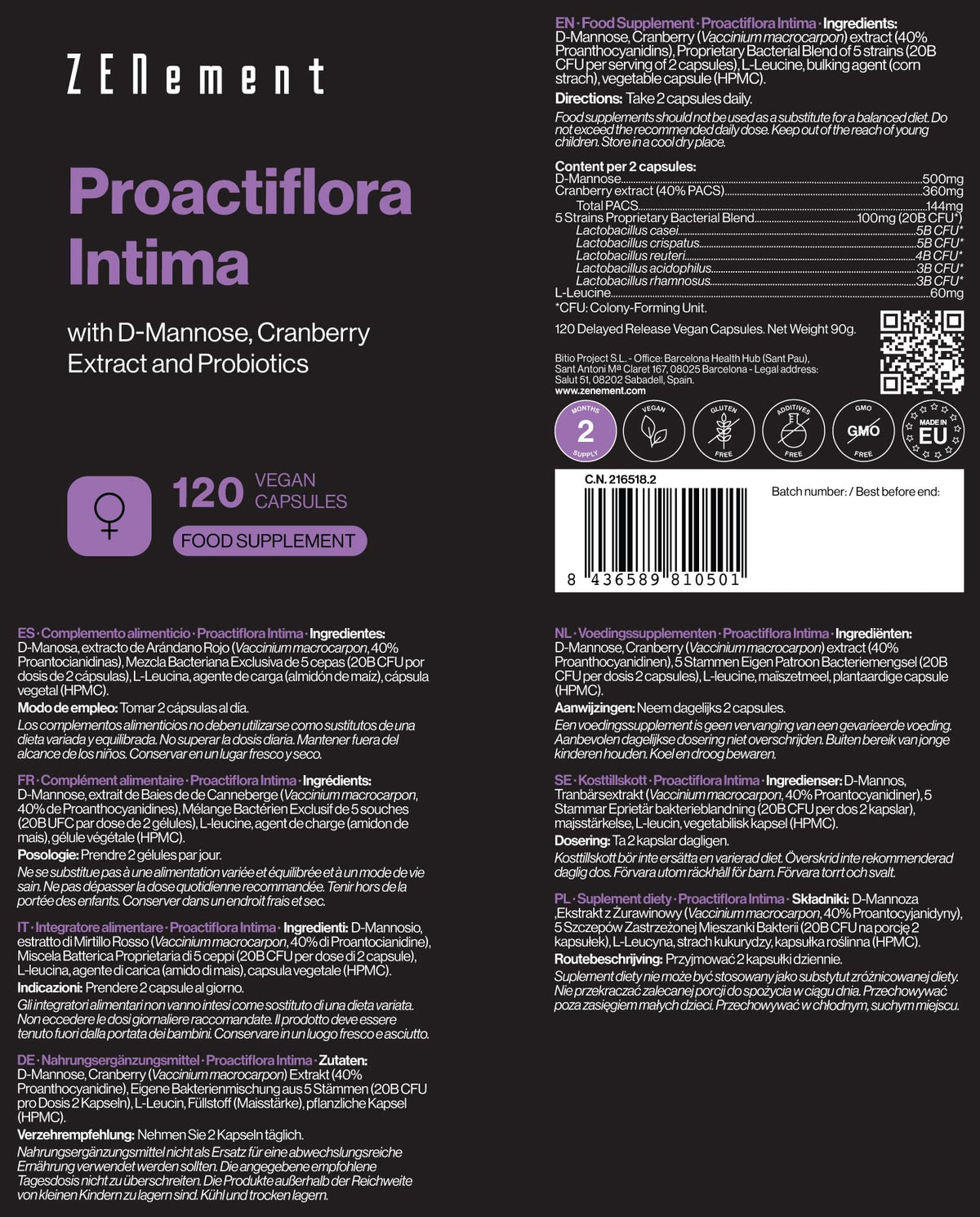 Proactiflora Intima – with D-Mannose, Cranberry & 5 Probiotic Strains – 120 Vegan Capsules, No Additives, Non-GMO, Gluten-Free, Lactose-Free, Soy-Free – Zenement