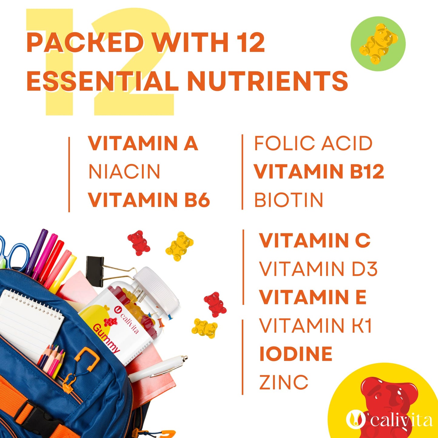 Multivitamin for Kids - Natural Apple and Strawberry Flavour - Low-sugar - with 12 essential Nutrients - Kids Multivitamins Gummies - 100 Vitamin Gummies - with Zinc, A, B6, B12, C, D3, E, K1 Vitamins
