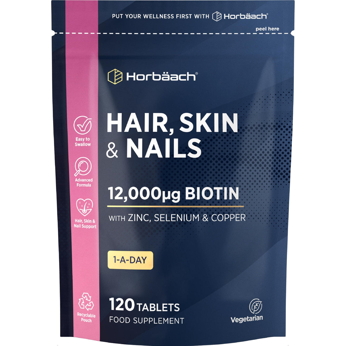 Horbäach Hair Skin and Nails Vitamins | Biotin Hair Growth | 12,000mcg Biotin with Zinc, Selenium, Copper & More! | Beauty Supplement for Women and Men | 120 Vegetarian Tablets | by Horbaach