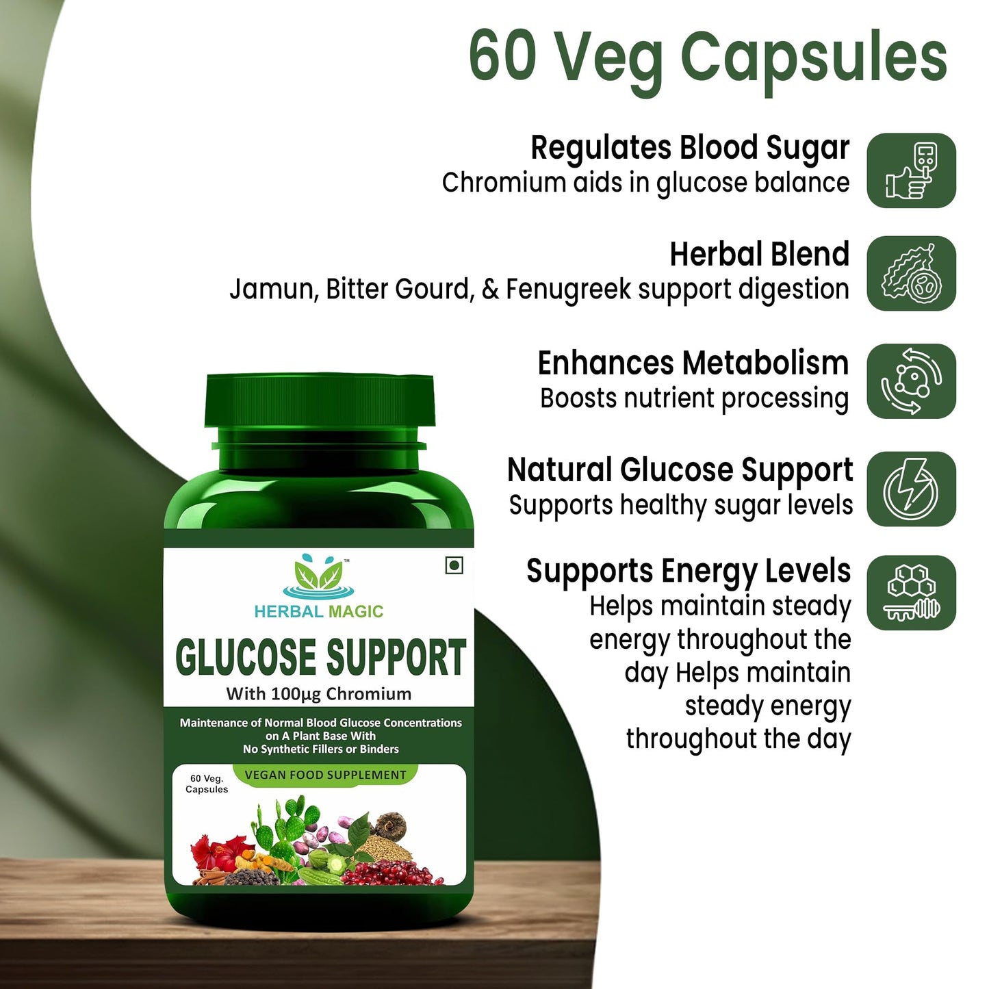 Herbal Magic Glucose Support – 60 Capsules, Vegan Food Supplement with Herbal Blend for Metabolism & Wellness