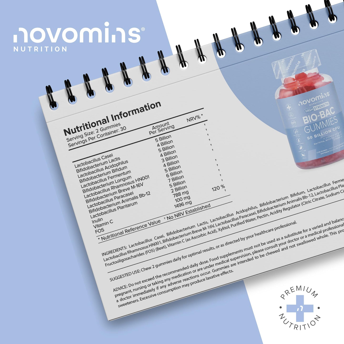 Probiotic Gummies – 50 Billion CFU – High Strength Probiotic Supplements for Men and Women – Bio-Bac Gummies for Adults - 11 Strains of Live Bacteria – Immune & Gut Support - by Novomins