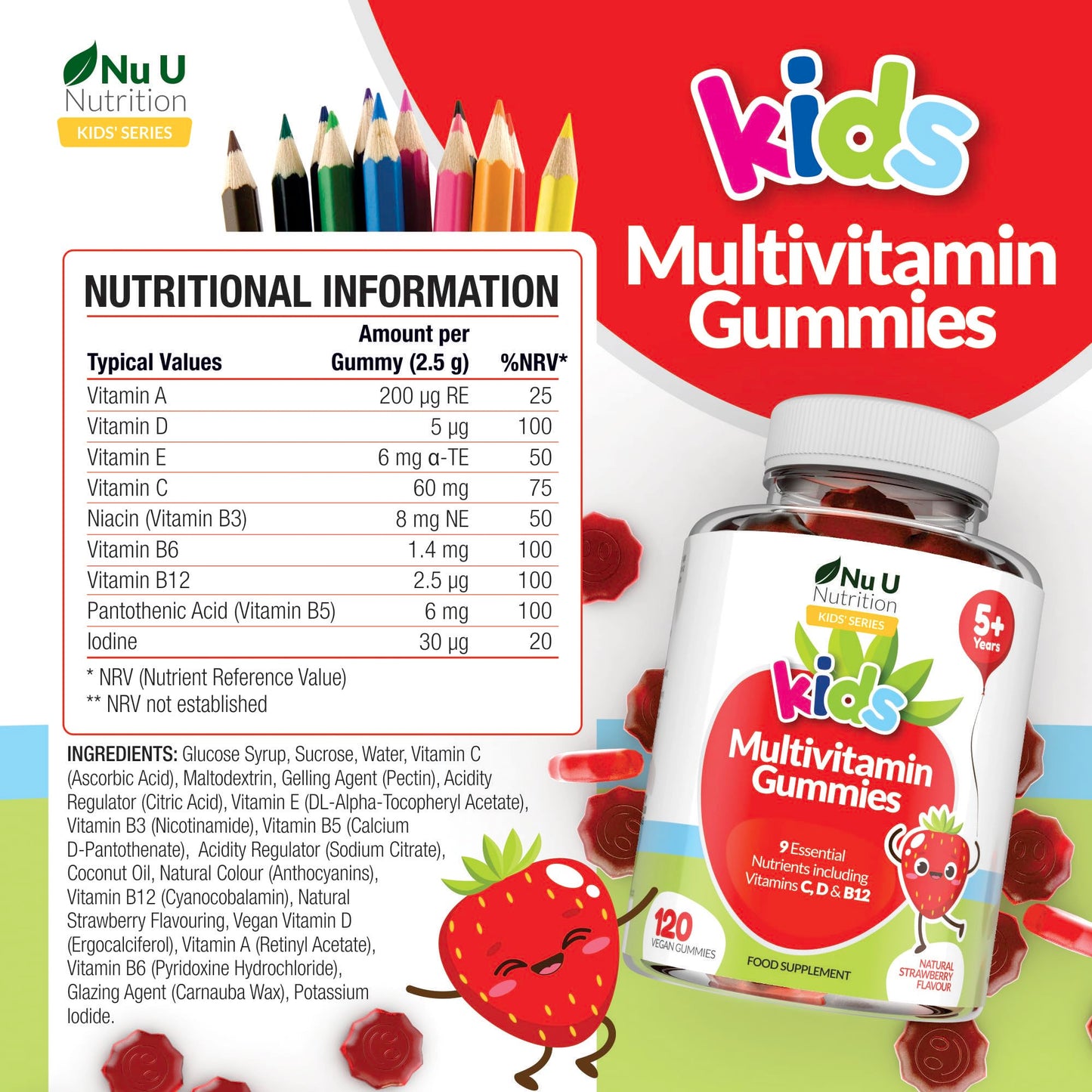 Multivitamin for Kids (5+) - 120 Vegan Gummies - 4 Month Supply - Tasty Strawberry Flavour - Kids Vitamins Including C, D & B12 - Made in The UK by Nu U Nutrition