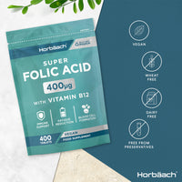 Horbäach Folic Acid Tablets 400ug | 400 Count | Super Strength Vegan Supplement with Vitamin B12 Methylcobalamin | No Artificial Preservatives | by Horbaach