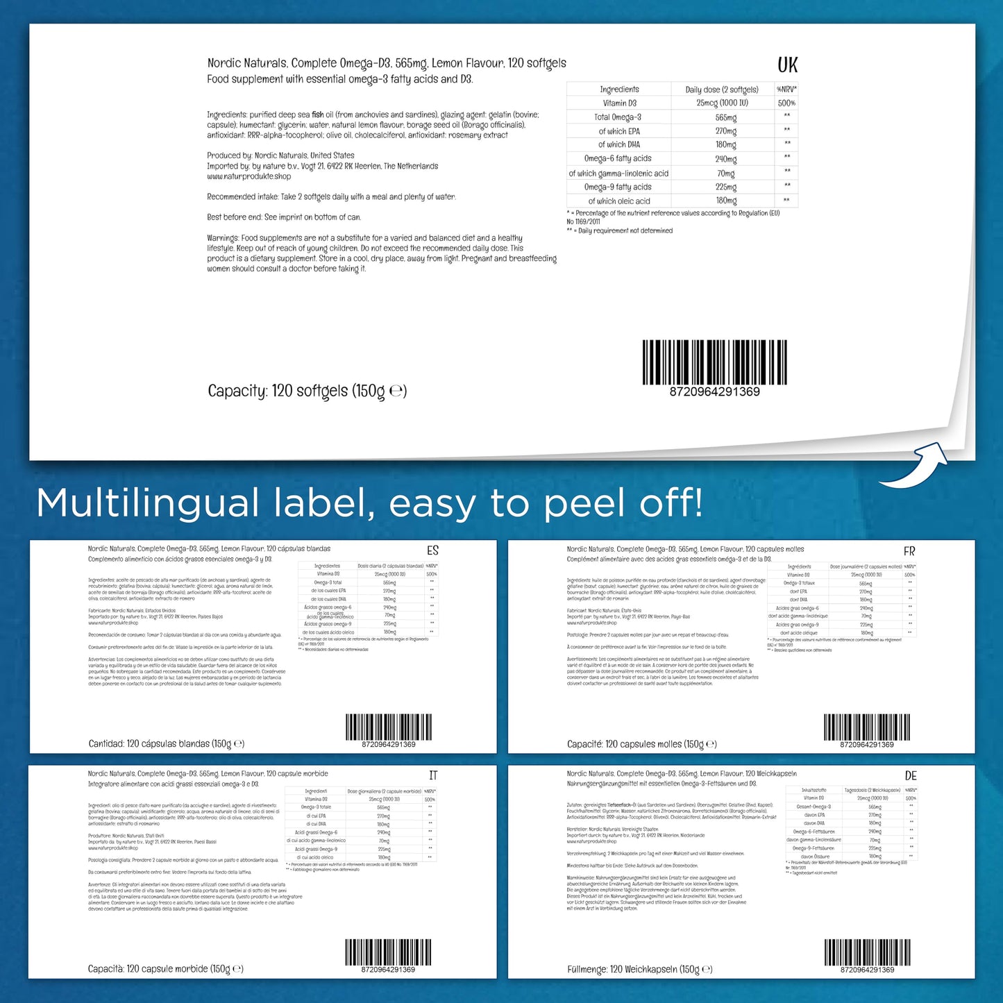 Nordic Naturals, Complete Omega-D3, 565mg, with Omega-6, Omega-9 and Vitamin D3, High Dose, Lemon Flavour, 120 Softgels, Soy Free, Gluten Free, Non GMO