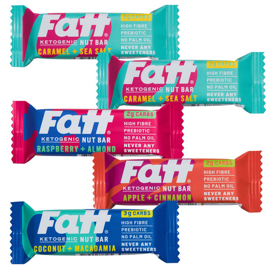 Fatt Keto Snack Bars - Variety Pack - 5 x 30g - 4 Flavours - 2-3g Carbs - 100% Natural Snacks - Low Carb, Low Sugar, High Prebiotic Fibre, Vegan & Sweetener Free - FattBar