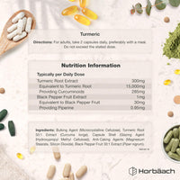 Horbäach Turmeric Tablets 15,000mg - Super Strength Curcumin Supplement with Black Pepper Extract (95% Curcuminoids) | Turmeric Root | 90 Vegan Capsules | Horbaach