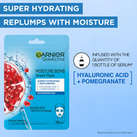 Garnier Moisture Bomb Pomegranate and Hyaluronic Acid Sheet Mask, Super Hydrating & Replumping Face Mask, For Dehydrated Skin, Vegan Tissue Mask, 28g