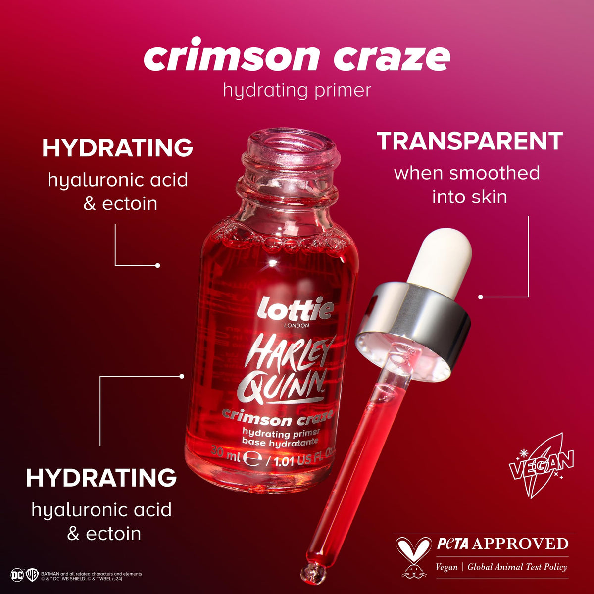 Lottie London x Harley Quinn Crimson Craze Primer, Hydrating crimson serum-primer that grips makeup for long-wear for a dewy glow finish