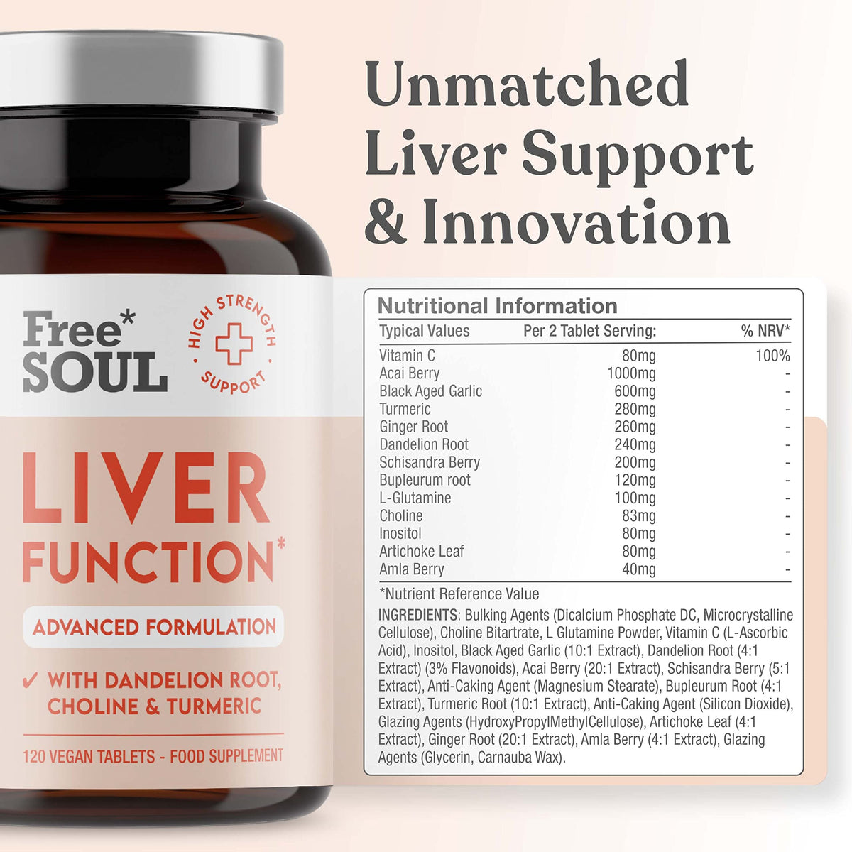 Free Soul Liver Supplement - Advanced Liver Cleanse, Detox & Repair | High Strength Liver Care with Choline, Dandelion Root, Turmeric, Artichoke, Ginger, Acai and More | 120 Tablets Gluten Free & Vegan