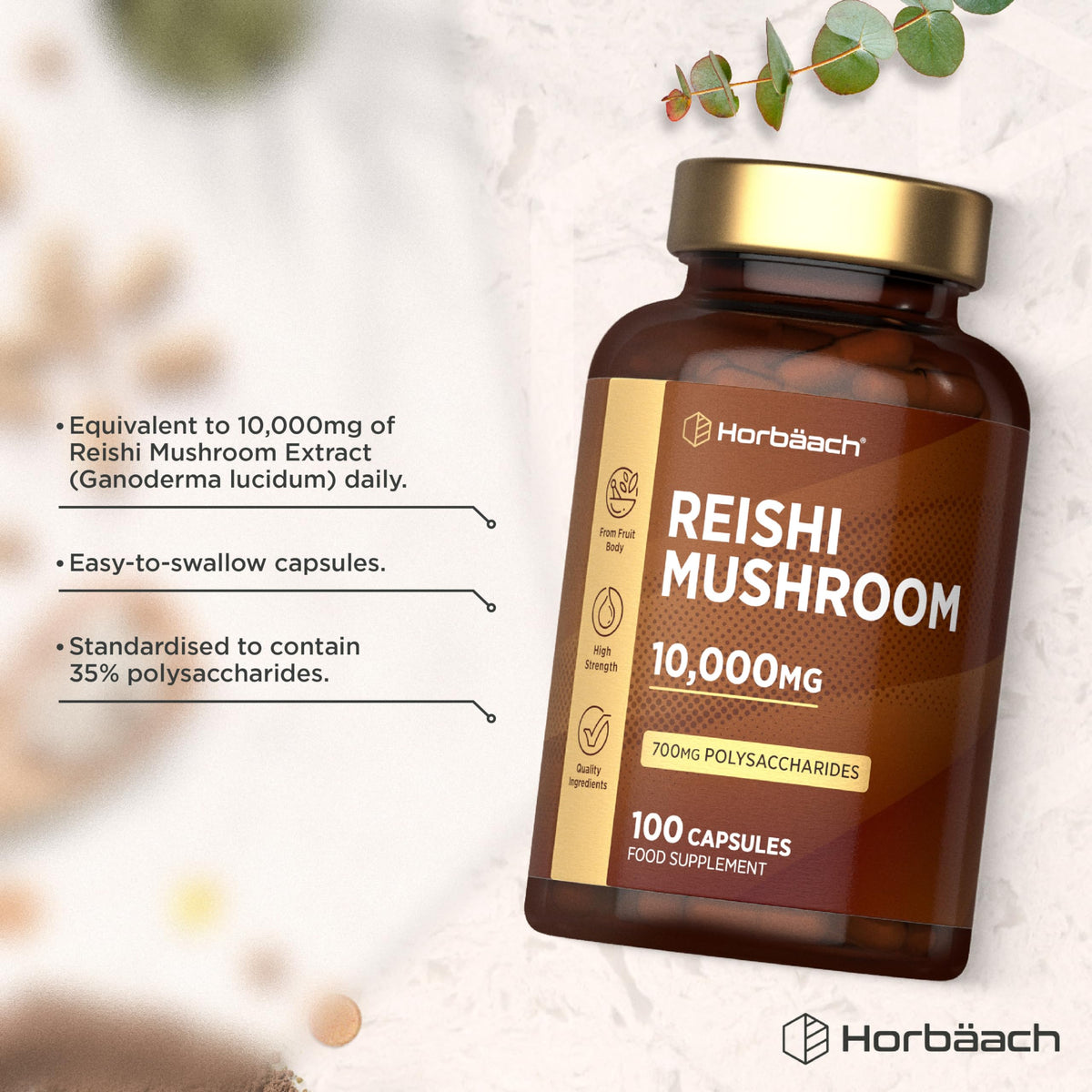 Horbäach Reishi Mushroom Capsules 10,000mg | Red Reishi Extract (5:1) | High Strength Supplement | 100 Powder Capsules | by Horbaach