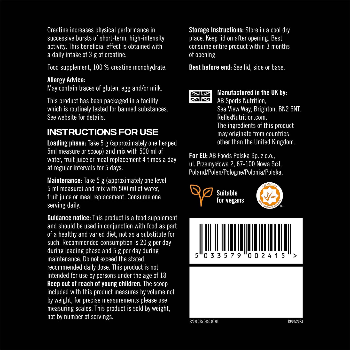 Reflex Nutrition Creatine Monohydrate Powder Unflavoured - Performance Enhancing 100% Creatine for Muscle Gains & Recovery - No Fillers or Additives - 450g (Vegan Creatine 5g per Serving, 90 Servings)