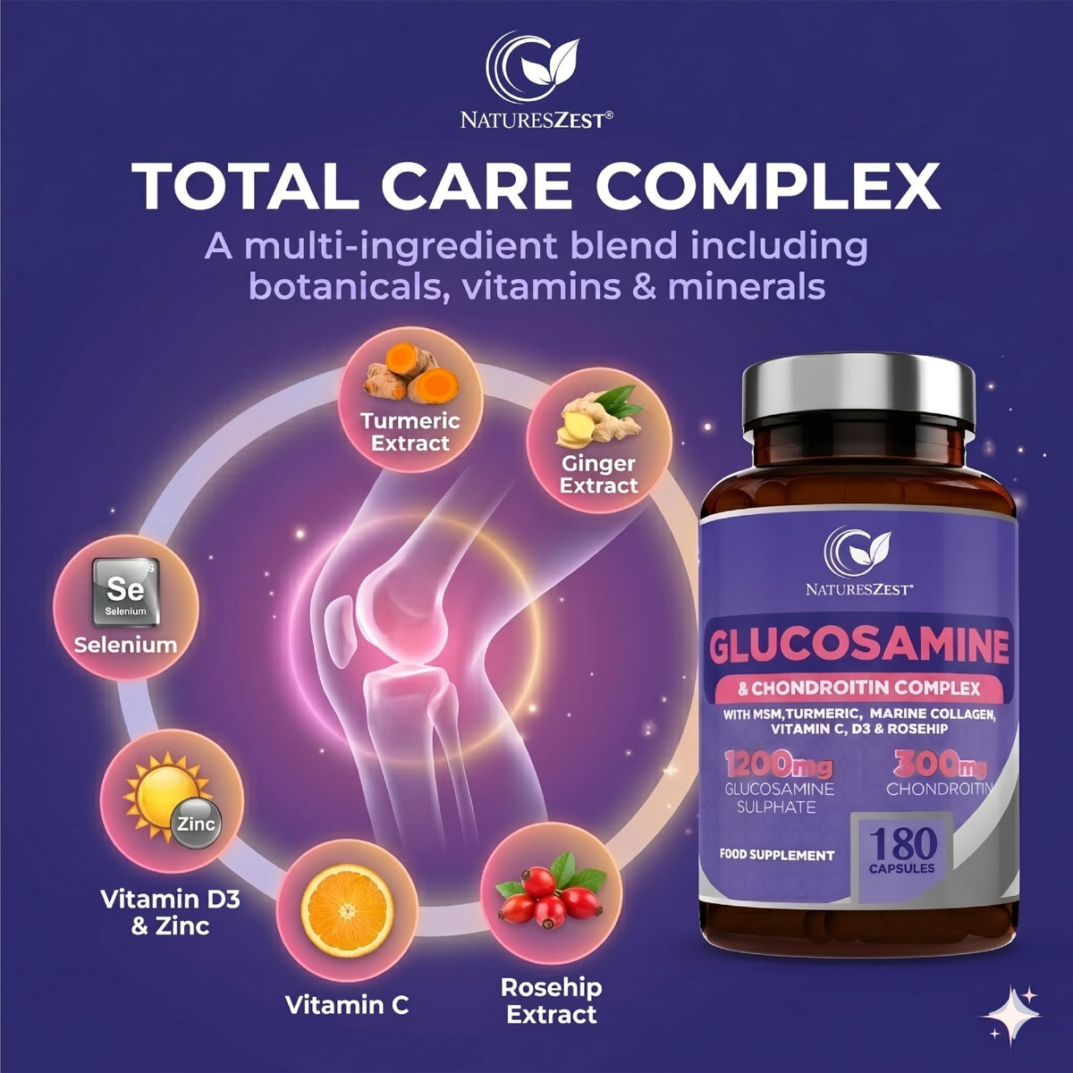 Natures Zest Glucosamine and Chondroitin High Strength -180 Caps- Joint Care Supplement for Men & Women | MSM Supplements with Vitamin C, Rosehip, Turmeric Curcumin & Marine Collagen - 4 Month Supply