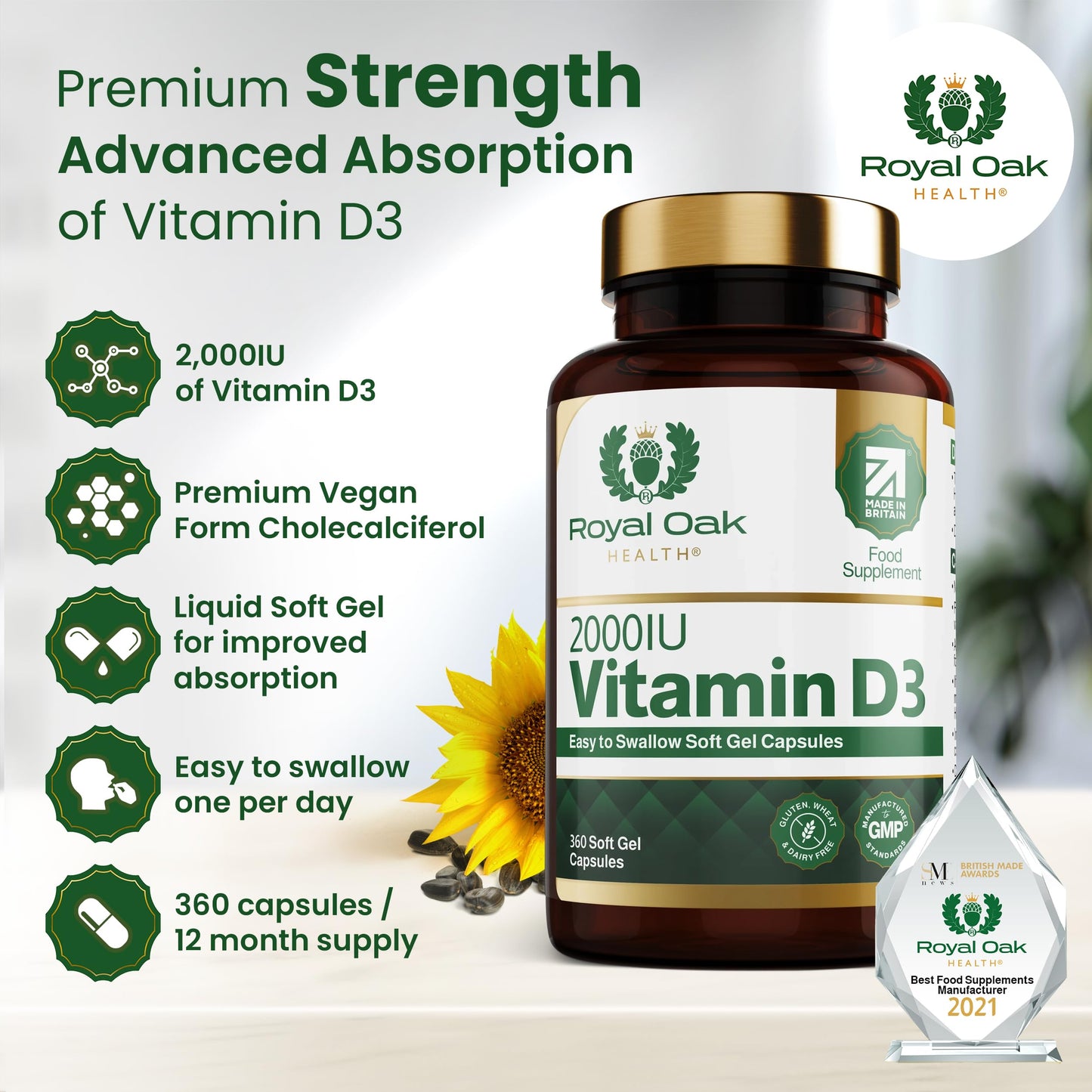 Royal Oak Health Vitamin D3 2000iu (Cholecalciferol) x360 Soft Gel Capsules / 12 Month Supply - High Strength Easy to Swallow Vitamin D Tablet Alternative Supplement for Immune, Muscle, Bones & Teeth