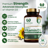 Royal Oak Health Vitamin D3 2000iu (Cholecalciferol) x360 Soft Gel Capsules / 12 Month Supply - High Strength Easy to Swallow Vitamin D Tablet Alternative Supplement for Immune, Muscle, Bones & Teeth