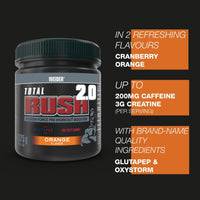 Weider Total Rush 2.0 (375g) Orange Flavour. All-in-one Fusion Force Pre-Workout Booster, with Creatine, Amino Acids, Caffeine, Inca Wheat Extract, Vitamins and Minerals; with Oxystorm and Glutapep