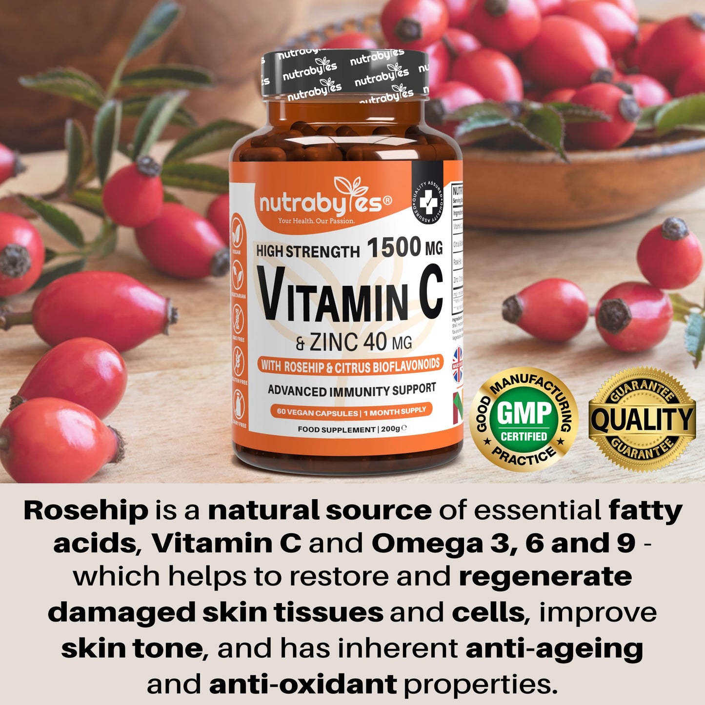 NUTRABYTES Nutrabytes High Strength 1,500mg Vitamin C & 40mg Zinc Supplement, 60 Capsules | Advanced Immune Support with Zinc, Rosehip & Citrus Bioflavonoids | 1 Month | Vegan Capsules | UK Made