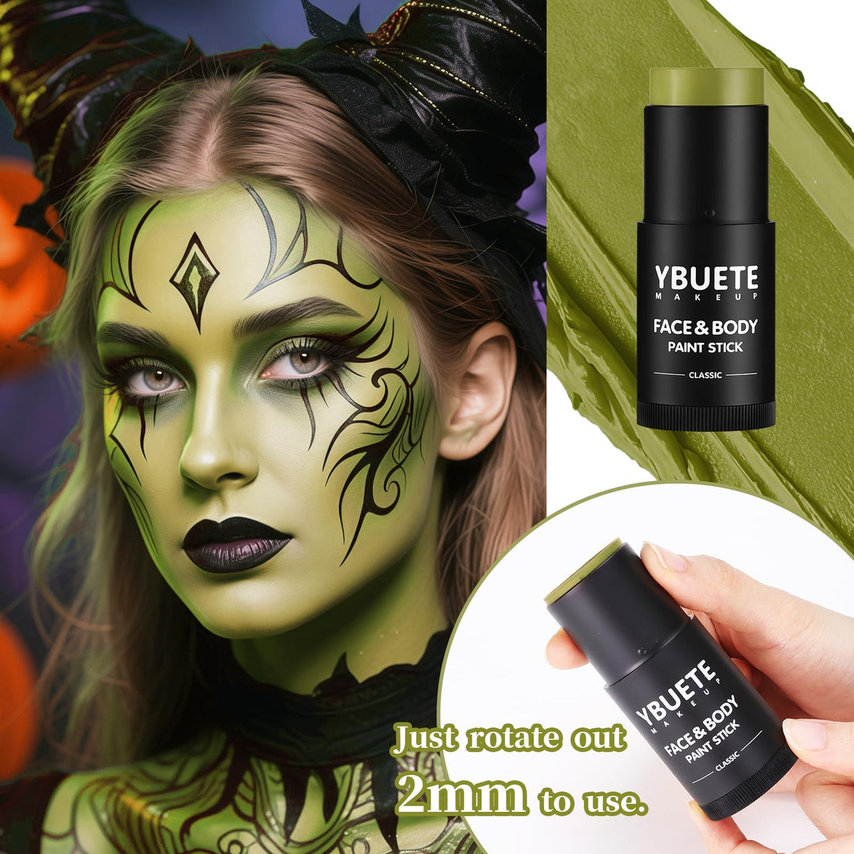 YBUETE Ogre Green Face Body Painting Stick, Professional Green Full-coverage Cream Face Paint for Hunting Camo Halloween SFX Witch Shrek Cosplay Makeup, Washable Body Paint for Adult Carnival