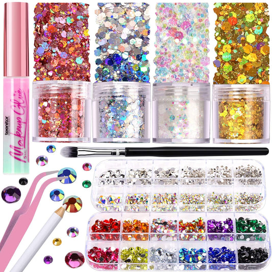 Teenitor Body Glitter with Skin Glue Set, 4 Bottle Face Glitter Makeup & 2 Box Face Gems for Women, Iridescent White Body Glitter Face Glue for Rhinestones for Makeup, Nail Gems with Wax Pencil