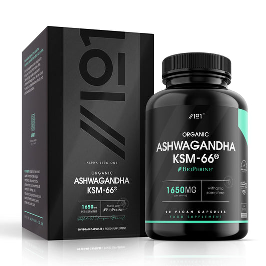 ALPHA01 Organic Ashwagandha KSM-66® with BioPerine® - 1650mg - 5% Withanolides - Most Bioavailable Full-Spectrum Root Extract - Not Tablets or Powder - 90 Vegan Capsules
