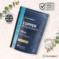 Horbäach Copper Bisglycinate 10mg | Chelated Form | High Strength Copper Supplement | 120 Vegan Tablets | by Horbaach