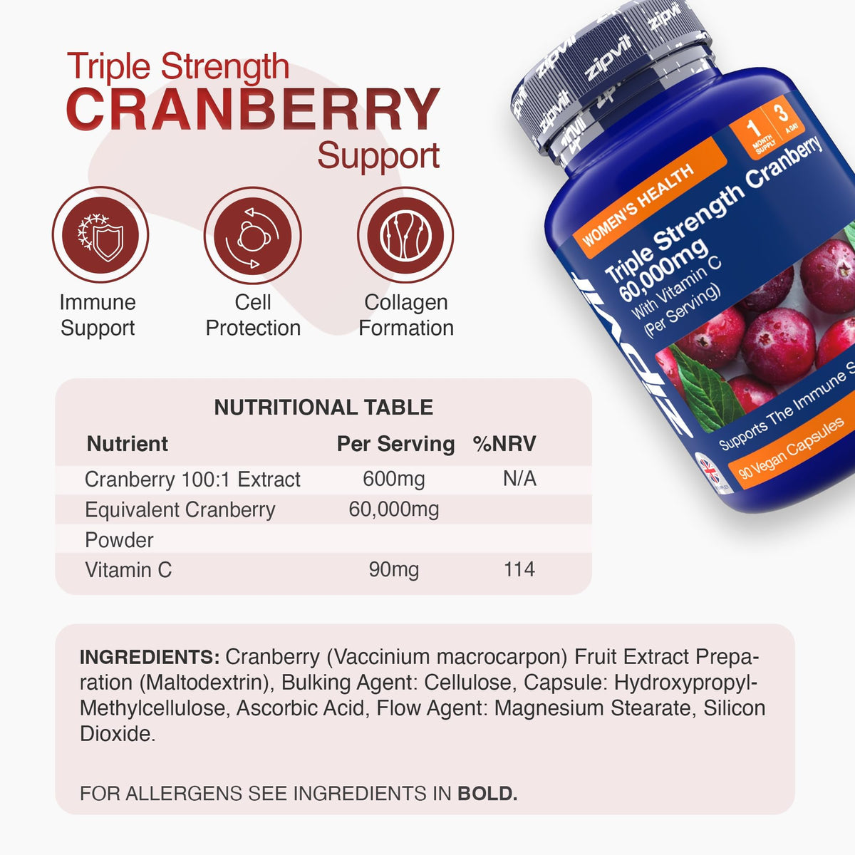 Zipvit Triple Strength Cranberry 60,000mg, High Strength Cranberry Extract with Vitamin C, 90 Vegan Capsules for Immune Support, 1 Month Supply, Supplement for Men & Women