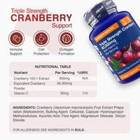 Zipvit Triple Strength Cranberry 60,000mg, High Strength Cranberry Extract with Vitamin C, 90 Vegan Capsules for Immune Support, 1 Month Supply, Supplement for Men & Women