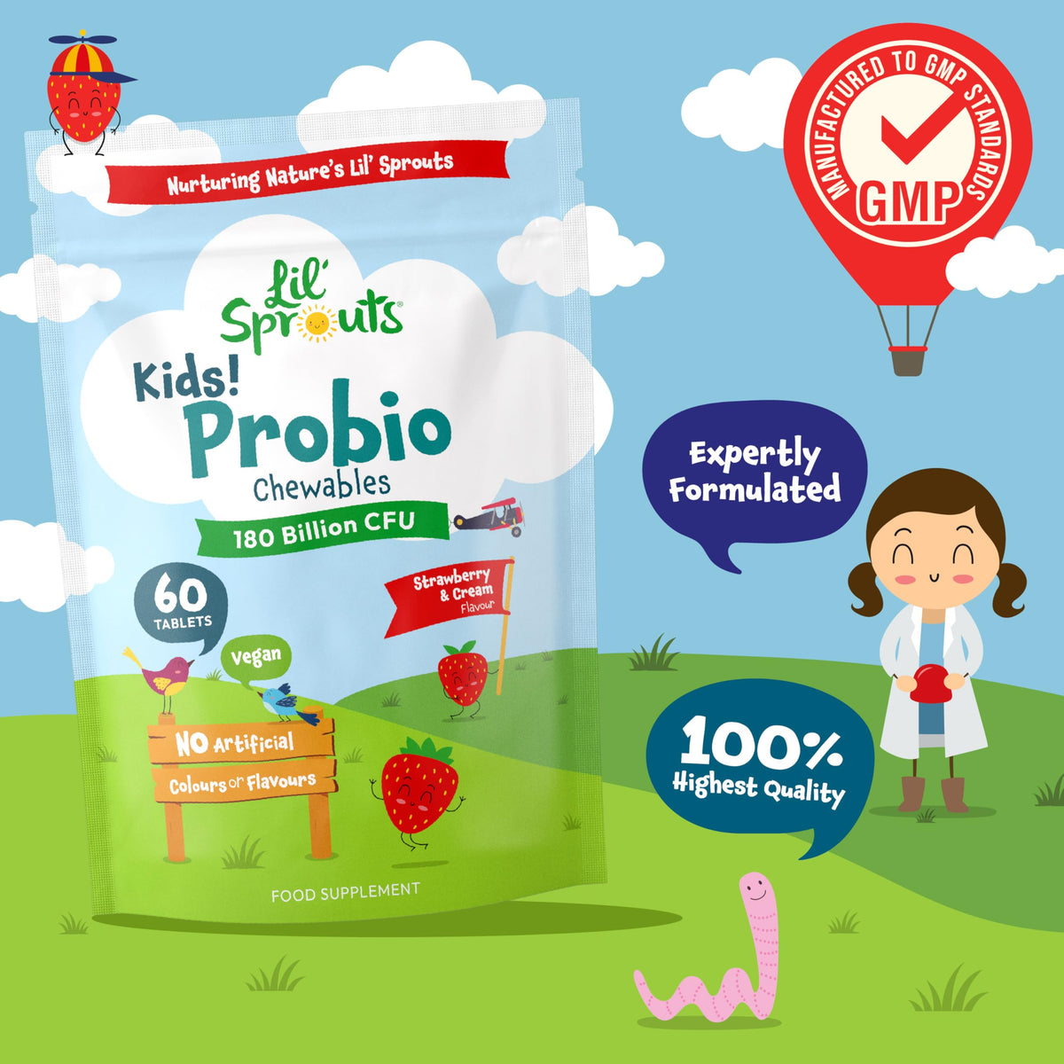 Kids ProBio Tablets 180 Billion CFU Per Pack | 2-Month Supply | 3 Billion CFU x 60 Vegan Chewables | Multi-Strain with Lactobacillus and Acidophilus | Strawberry and Vanilla Flavour | by Lil' Sprouts