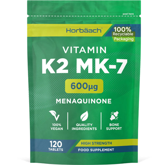 Vitamin K2 MK7 600mcg | 120 Tablets | High Strength Vitamin K2 Menaquinone MK-7 Supplement | Suitable for Vegans | Letterbox Friendly Packaging | by Horbaach