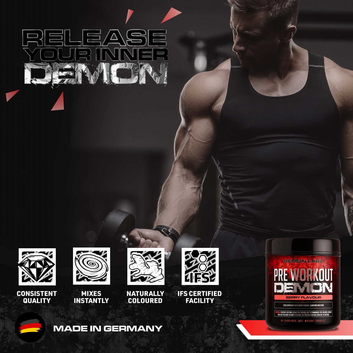 DEMON LABZ Pre Workout Demon - Advanced Pre-Workout Energy Powder with Creatine, Caffeine, Beta-Alanine & Glutamine, Berry Blast, 360g - 40 Servings