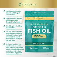 Omega 3 Capsules 1000mg | 180 Count | High Strength Omega 3 Fish Oil Supplement with 120mg of DHA and 180mg of EPA | No Artificial Preservatives | by Carlyle