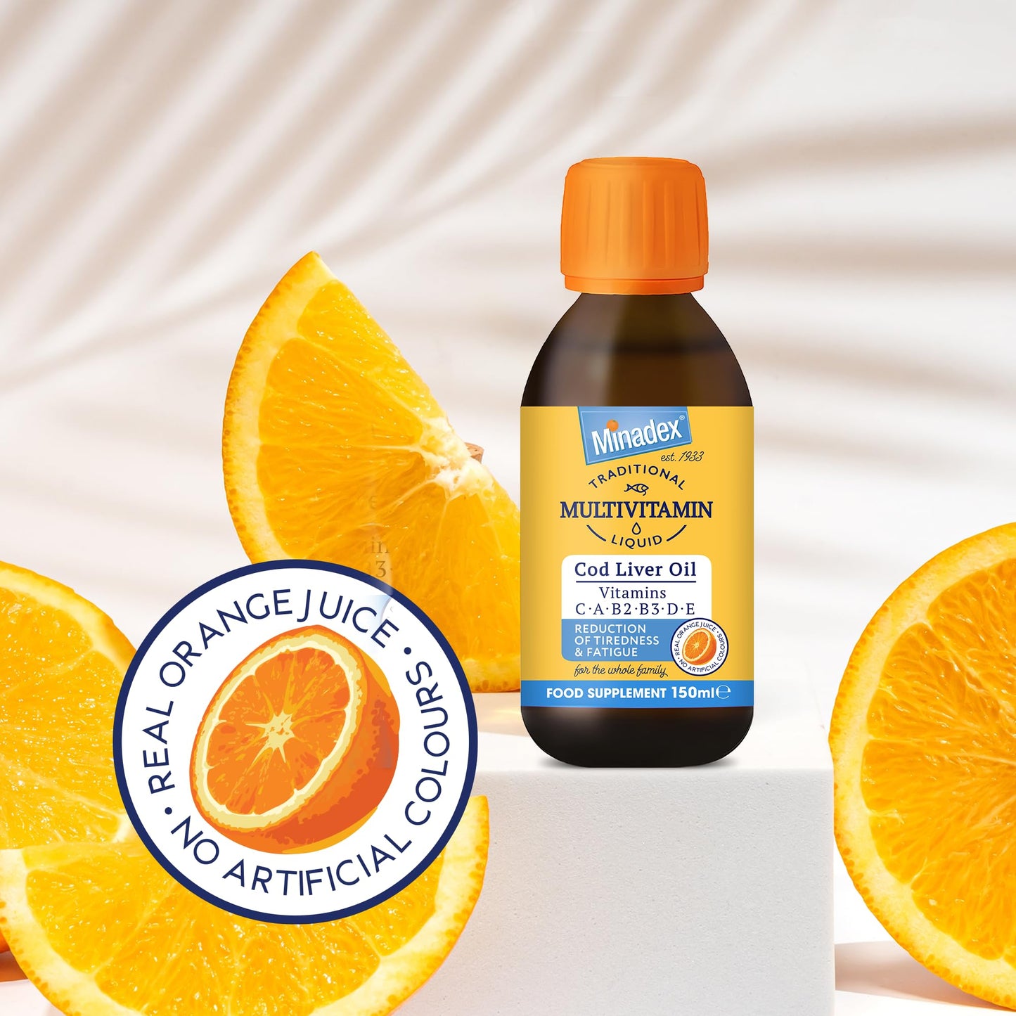 Minadex Multivitamin Liquid 150 ml – Cod Liver Oil + Vitamin C, A, B2, B3, D & E | Immune Support | Energy & Bone Health | Natural Orange Flavour | 1 Month Supply | Spoon Included | Made in UK