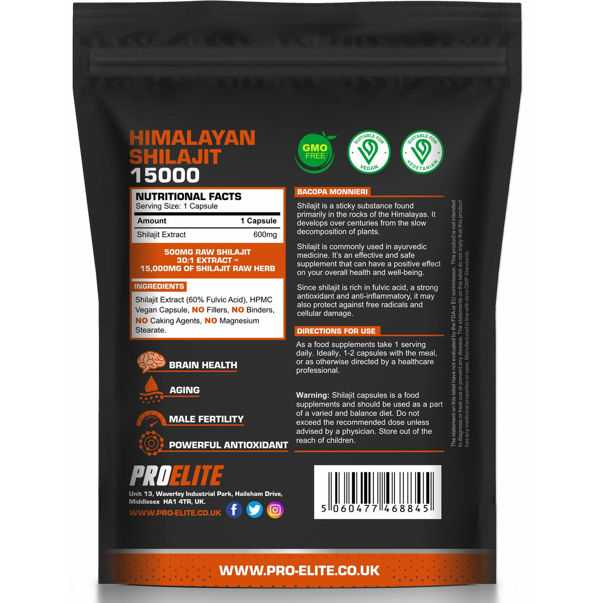 Shilajit 500mg Vegan Capsules -1500mg 30:1 Extract | 60% Fulvic Acid | High Strength Shilajit for Men & Women| Rich in Trace Minerals | No Additives & Fillers by PROELITE (120 Capsules)