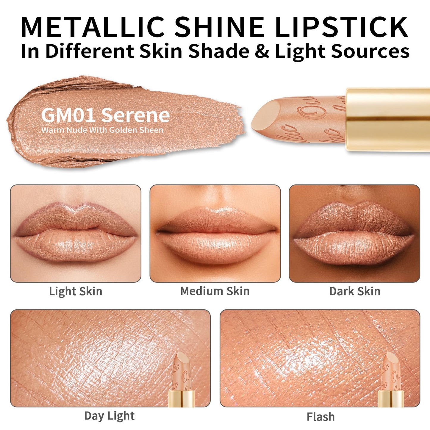 Oulac OULAC Glow Metallic Shine Lipstick, Nude High Impact Lipcolor, Lightweight Soft and Ultra Hydrating, Long Lasting, Vegan & Cruelty-Free, Full Coverage Lip Color 4.3 g/0.15 GM01 Serene