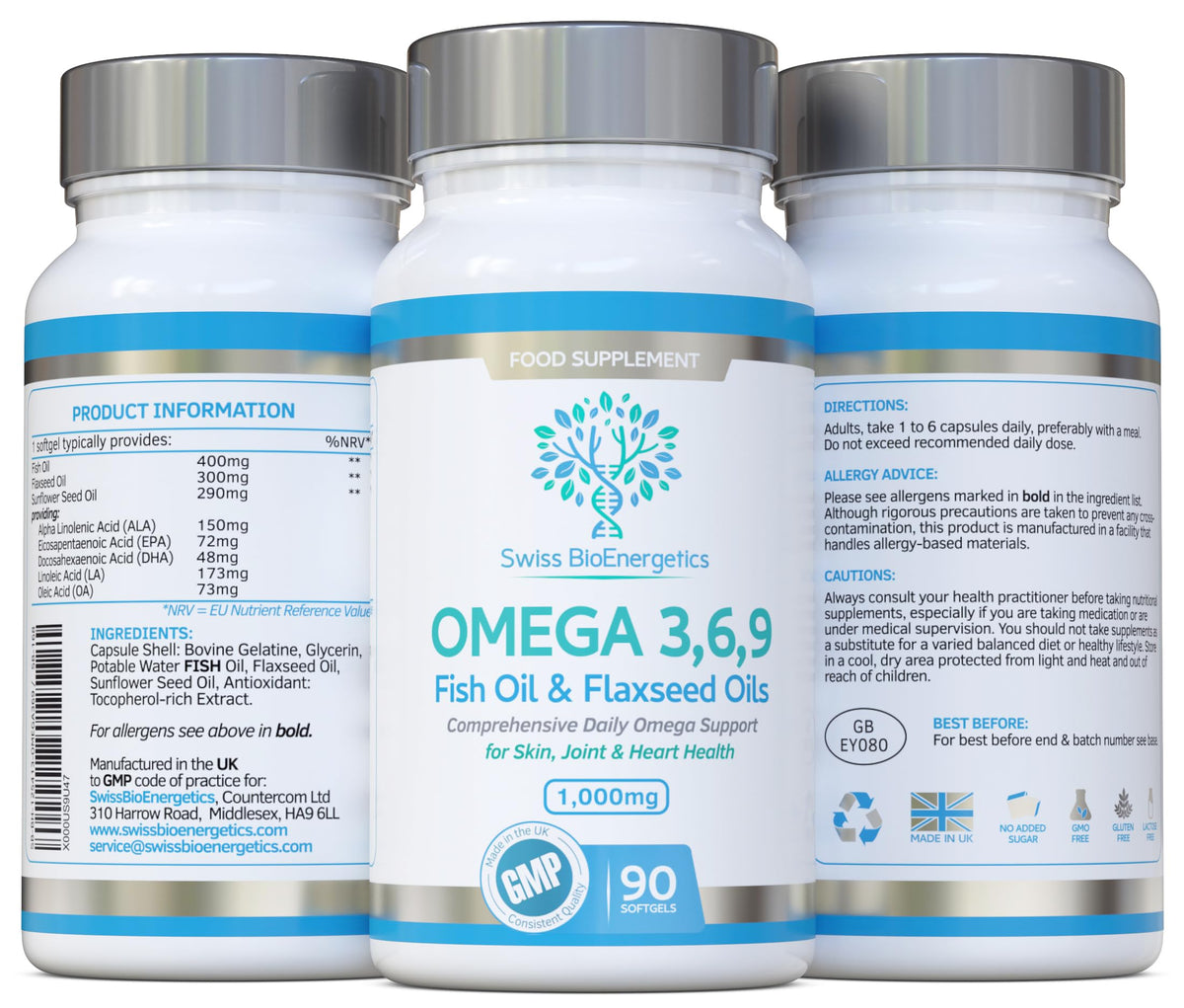 swiss bioenergetics Omega Balanced 3, 6 & 9 Fish Oil 1000mg, 90 Capsules - High Strength EPA & DHA Formula derived from Fish & Flaxseed Oil with Added Vitamin E in Easy to Swallow Soft Gel Capsules
