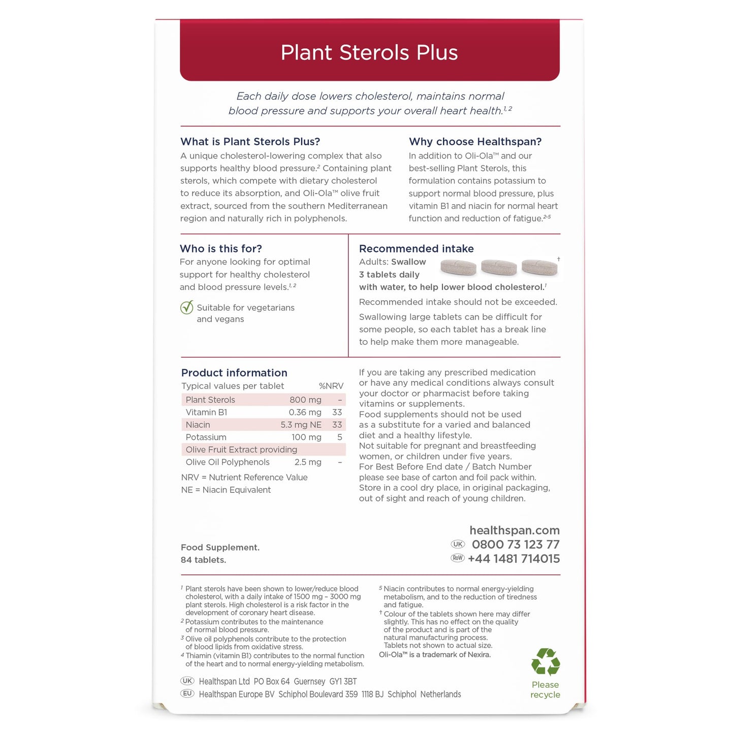 Healthspan Plant Sterols Plus (28 Day Supply) | 2400 mg Plant sterols with Oli-Ola Olive Extract | Supports Normal Cholesterol Levels | Added Potassium & Vitamins B1 & B3