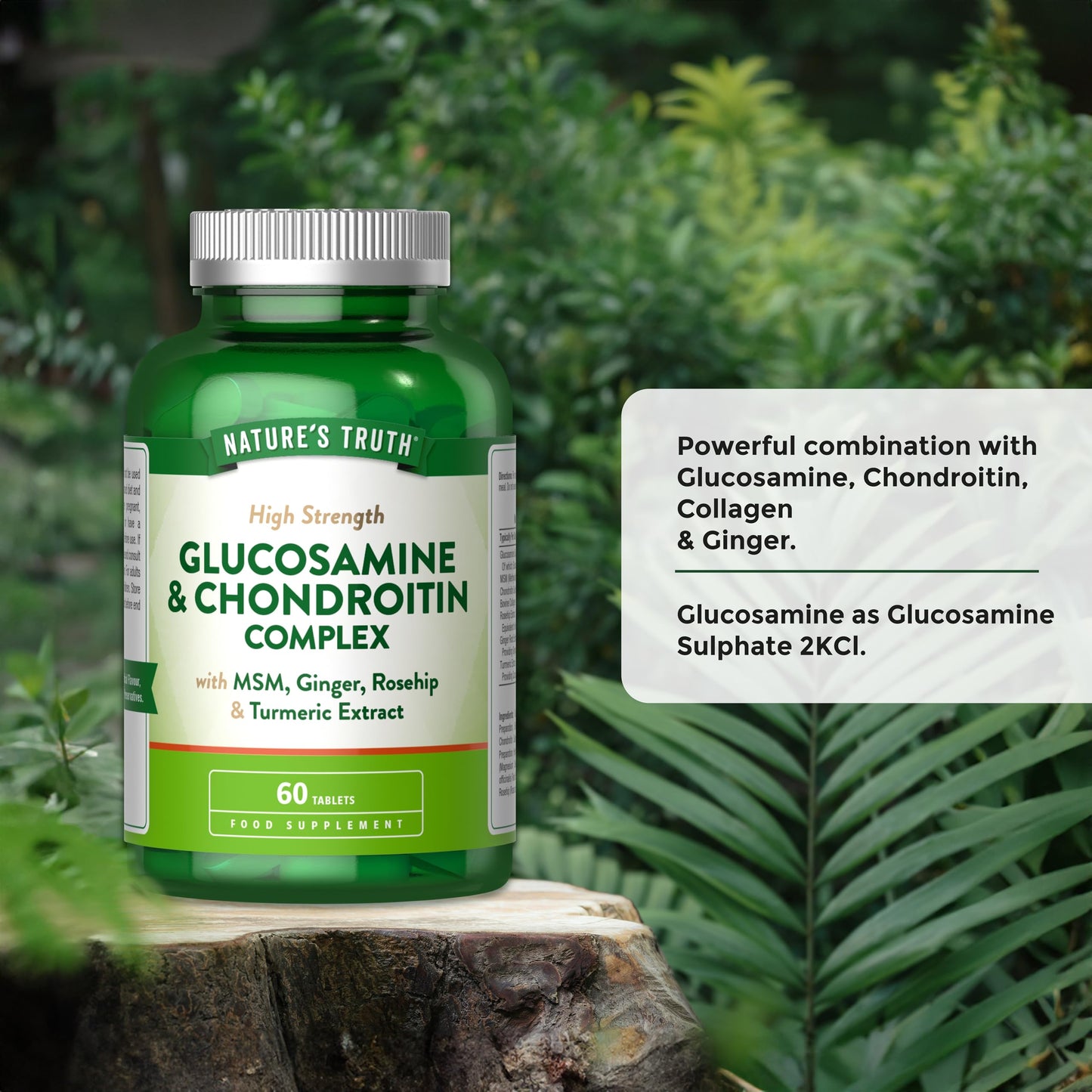 Glucosamine and Chondroitin High Strength | Complex with Glucosamine Sulphate 2KCl, MSM, Ginger, Collagen, Rosehip & Turmeric | 60 Tablets | Nature's Truth