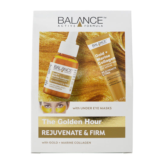 Balance Active Formula The Golden Hour Set (Gold + Marine Collagen Serum, Under Eye Masks & eye serum) - Soften fine lines & wrinkles. Create a radiant glow.