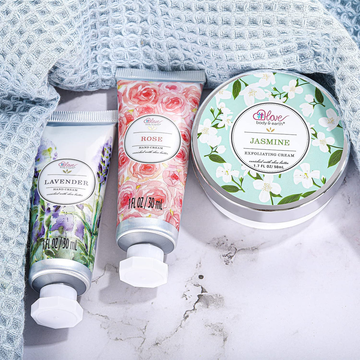 BODY & EARTH # LOVE Hand Care Gift Set for Women - Travel Size Gift Set, Hand Cream Kit with Rose Hand Lotion, Jasmine Exfoliating Cream, Repair&Moisture Extra Dry Hands, Gift Set for Women Mother's Day