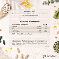 Horbäach Iron Tablets High Strength 18mg | Energy Tablets with Vitamin C, B12 & Folic Acid | 180 Count | 6 Months Supply & Vegan | Ferrous Fumarate Supplement for Men & Women | by Horbaach